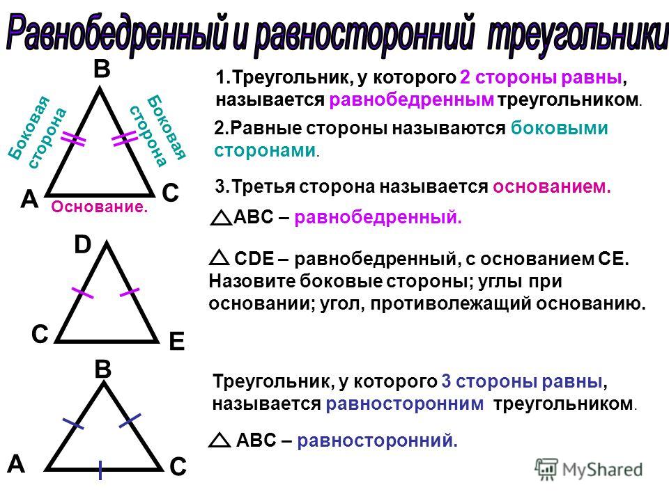 Треугольник с тремя равными сторонами. У равнобедренного треугольника 2 стороны равны. Свойства равнобедренного треугольника. Равнобедренный и равносторонний треугольник. Элементы равнобедренного треугольника.