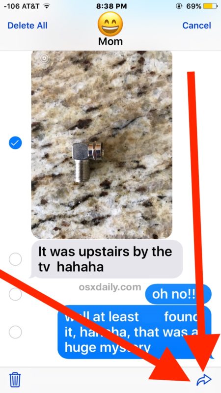 Tap the forward arrow button to forward the photo message in iOS