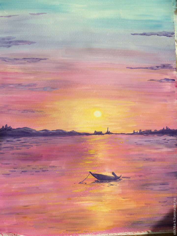 Как нарисовать закат на море гуашью, фото № 7