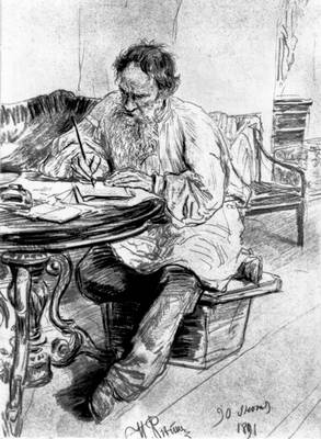 И. Е. Репин. «Л. Н. Толстой, пишущий за круглым столом в Ясной Поляне». Графитный карандаш. 1891.