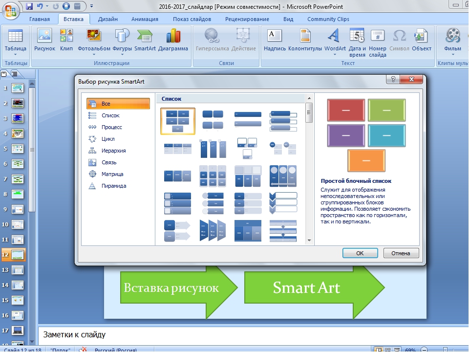 В powerpoint рисунки smartart следует использовать когда