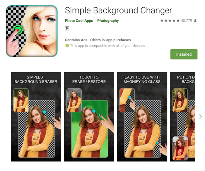 Screenshot of the Simple Background Changer app to add background to photo
