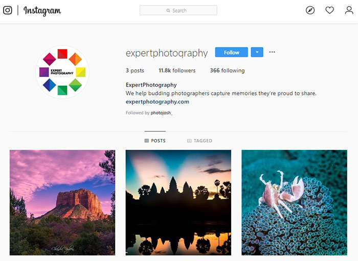 A screenshot of ExpertPhotography Instagram page