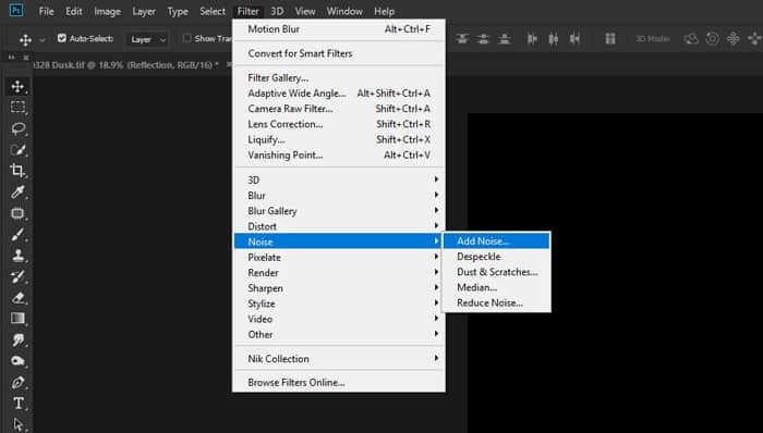 Screenshot of how to Add Noise and Blur for Texture to make a Photoshop reflection