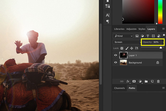 Screenshot showing how to add lens flare in Photoshop - new layer