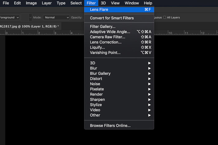 Screenshot showing how to add lens flare in Photoshop