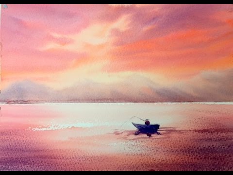 Акварель.Розовый Восход №2 с лодкой.Pink Sunrise №2