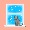 Кошка, сидя на окне зимой 