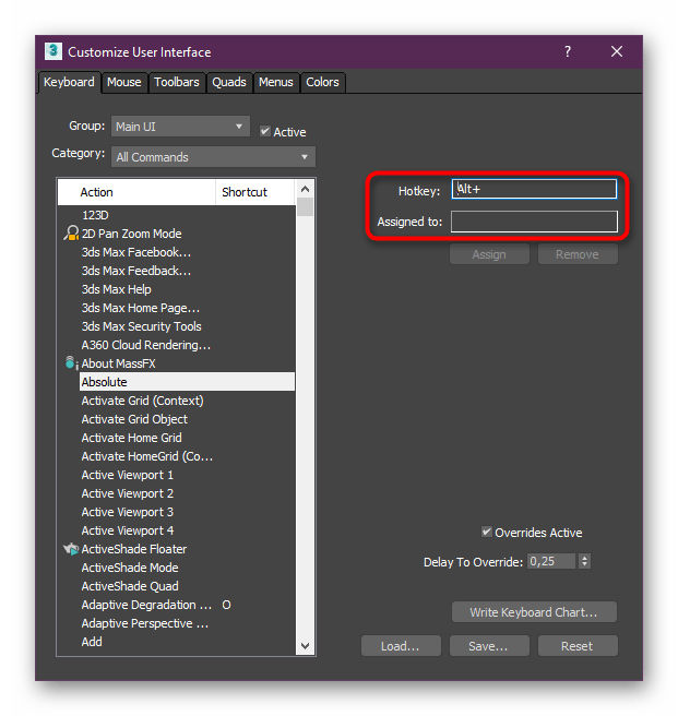 Ввод новой комбинации для действия в программе Autodesk 3ds Max