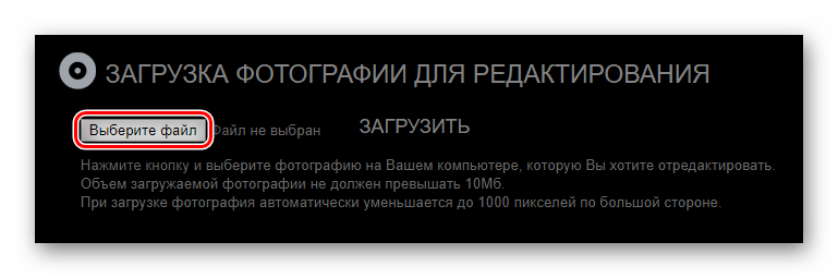 Кнопка выбора файла в качестве изображения для обработки на сайте Holla