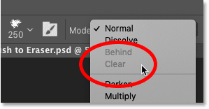 The Clear brush blend mode is unavailable with painting on the Background layer in Photoshop
