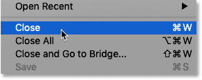 Choosing the Close command in Photoshop.
