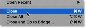Selecting the Close command in Photoshop