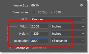 Increasing the image resolution again changed the print size but not the file size
