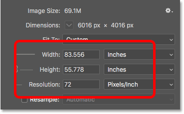 Lowering the image resolution did increase the print size of the image