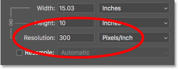 The current image resolution in the Image Size dialog box in Photoshop