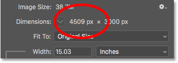 The current width of the image, in pixels, in the Image Size dialog box in Photoshop