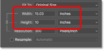 The Width and Height of the image is now shown in inches instead of pixels after turnin Resample off.