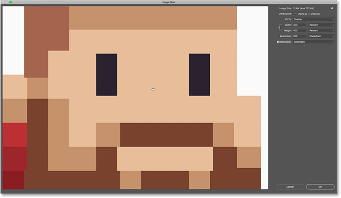 The pixel art looks great when you click and hold inside the Image Size preview window