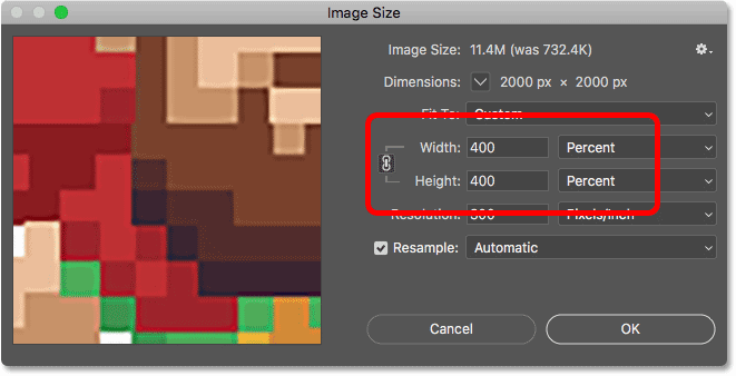 Upsampling the pixel art in Photoshop by 400 percent