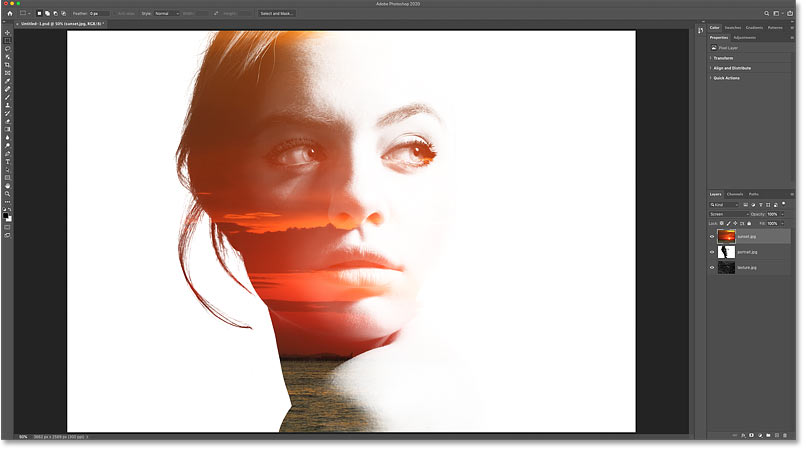 The result after changing the blend mode of the sunset layer to Screen in Photoshop