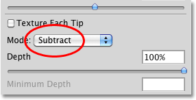 Selecting the Subtract brush mode in Photoshop