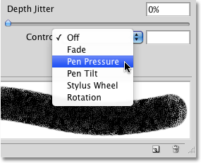 The dynamic depth control options in the Texture dynamics section of the Brushes panel in Photoshop. 