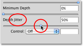 The Depth Jitter option in the Texture dynamics section of the Brushes panel in Photoshop. 