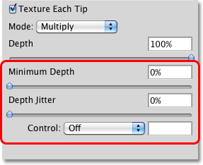 The Minimum Depth, Depth Jitter and Control options in the Texture section of the Brushes panel in Photoshop. 