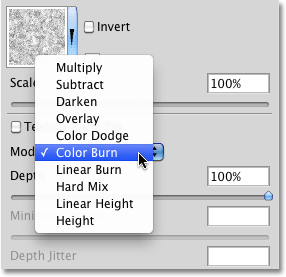 The brush modes available in the Texture section of the Brushes panel in Photoshop. 