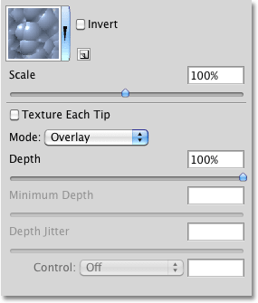 The options for the Texture dynamics in the Brushes panel in Photoshop. 