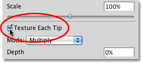 The Texture Each Tip option in the Brushes panel in Photoshop. 