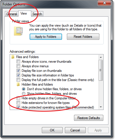 The Folder Options dialog box in Windows. Image © 2013 Photoshop Essentials.com