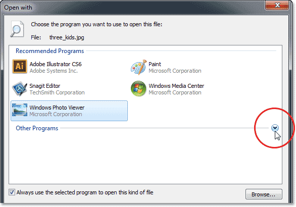 The Open With dialog box in Windows. Image © 2013 Photoshop Essentials.com