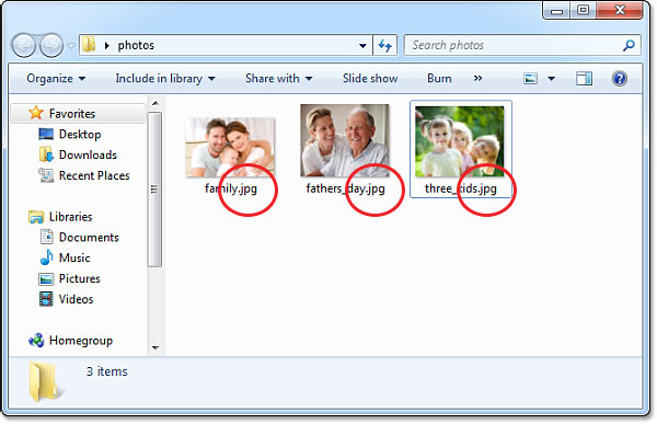 A folder containing three JPEG files. Image © 2013 Photoshop Essentials.com