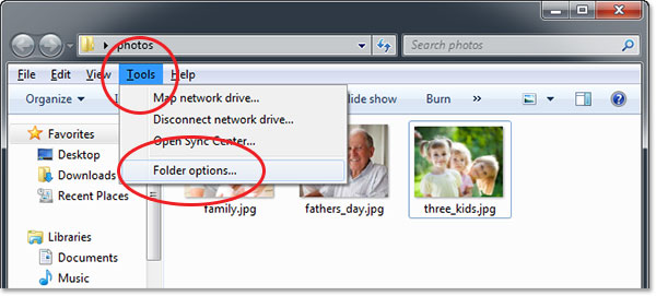 Selecting Folder Options from the Tools menu in the document window. Image © 2013 Photoshop Essentials.com