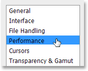 Selecting the Performance preferences in Photoshop. Image © 2013 Photoshop Essentials.com