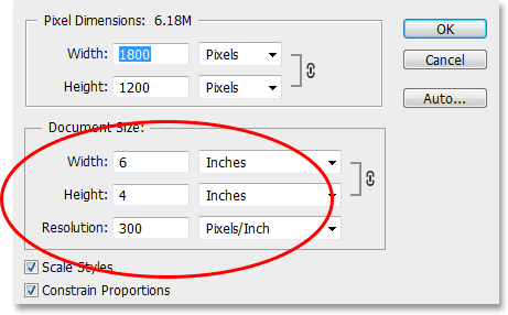 The Document Size section of the Image Size dialog box. Image © 2013 Photoshop Essentials.com