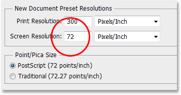 The default Screen Resolution value in Photoshop is 72 pixels per inch. Image © 2013 Photoshop Essentials.com