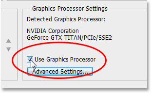 The Use Graphics Processor option in the Performance preferences in Photoshop. Image © 2013 Photoshop Essentials.com