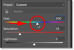 Choosing a new eye color with the Hue slider