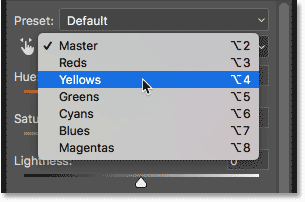 Changing the Hue/Saturation Edit option from Master to Yellow