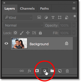 Clicking the New Fill or Adjustment Layer icon in the Layers panel in Photoshop