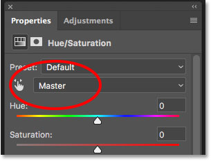 The Edit option for the Hue/Saturation adjustment layer is set to Master