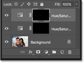 The Layers panel showing two Hue/Saturation adjustment layers.