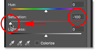 Dragging the Saturation slider for the Hue/Saturation adjustment layer