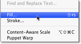 Selecting the Fill command from the Edit menu in Photoshop CS5. Image © 2010 Photoshop Essentials.com