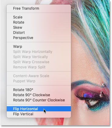 Choosing the Flip Horizontal command in Photoshop