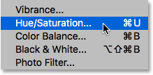 Selecting a Hue/Saturation image adjustment. 