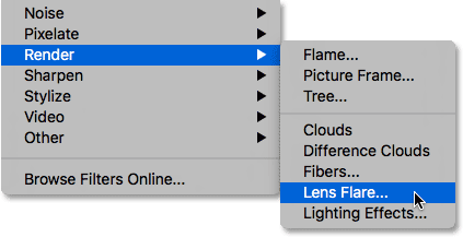 Selecting the Lens Flare filter in Photoshop. 